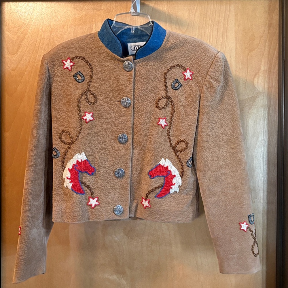 BMW Vintage Brown Embroidered Horse Jacket; Has shoulder pads; Size L